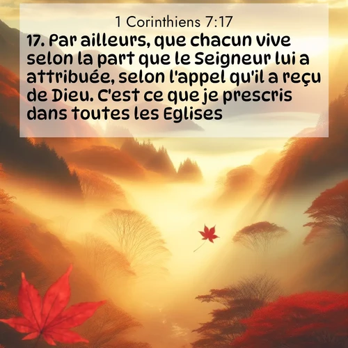 Segond21 1 Corinthiens  ; image nature: image avec le verset biblique :Par ailleurs, que chacun vive selon la part que le Seigneur lui a attribuée, selon l&#039;appel qu&#039;il a reçu de Dieu. C&#039;est ce que je prescris dans toutes les Eglises. ;  ; 7:17