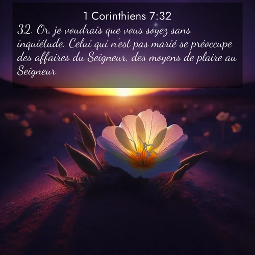 Segond21 1 Corinthiens  ; image nature: image avec le verset biblique :Or, je voudrais que vous soyez sans inquiétude. Celui qui n&#039;est pas marié se préoccupe des affaires du Seigneur, des moyens de plaire au Seigneur, ;  ; 7:32