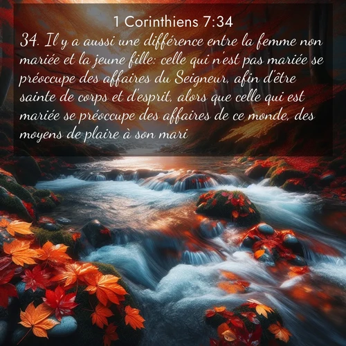 Segond21 1 Corinthiens  ; image nature: image avec le verset biblique :Il y a aussi une différence entre la femme non mariée et la jeune fille: celle qui n&#039;est pas mariée se préoccupe des affaires du Seigneur, afin d&#039;être sainte de corps et d&#039;esprit, alors que celle qui est mariée se préoccupe des affaires de ce monde, des moyens de plaire à son mari. ;  ; 7:34