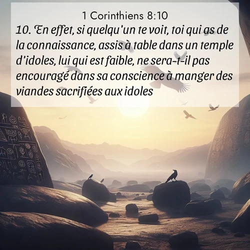 Segond21 1 Corinthiens  ; image nature: image avec le verset biblique :En effet, si quelqu&#039;un te voit, toi qui as de la connaissance, assis à table dans un temple d&#039;idoles, lui qui est faible, ne sera-t-il pas encouragé dans sa conscience à manger des viandes sacrifiées aux idoles? ;  ; 8:10
