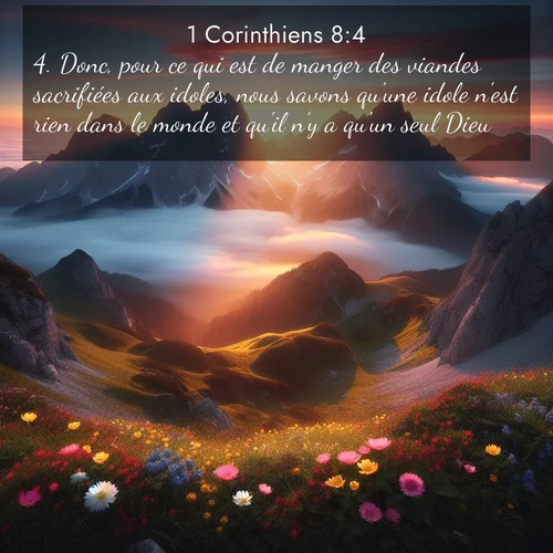 Segond21 1 Corinthiens  ; image nature: image avec le verset biblique :Donc, pour ce qui est de manger des viandes sacrifiées aux idoles, nous savons qu&#039;une idole n&#039;est rien dans le monde et qu&#039;il n&#039;y a qu&#039;un seul Dieu. ;  ; 8:4
