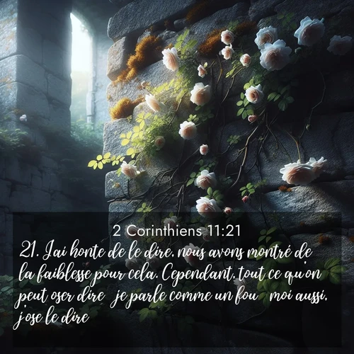Segond21 2 Corinthiens  ; image nature: image avec le verset biblique :J&#039;ai honte de le dire, nous avons montré de la faiblesse pour cela. Cependant, tout ce qu&#039;on peut oser dire  je parle comme un fou  moi aussi, j&#039;ose le dire! ;  ; 11:21
