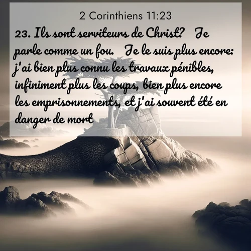 Segond21 2 Corinthiens  ; image nature: image avec le verset biblique :Ils sont serviteurs de Christ?  Je parle comme un fou.  Je le suis plus encore: j&#039;ai bien plus connu les travaux pénibles, infiniment plus les coups, bien plus encore les emprisonnements, et j&#039;ai souvent été en danger de mort. ;  ; 11:23