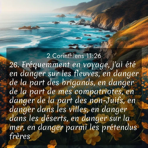 Segond21 2 Corinthiens  ; image nature: image avec le verset biblique :Fréquemment en voyage, j&#039;ai été en danger sur les fleuves, en danger de la part des brigands, en danger de la part de mes compatriotes, en danger de la part des non-Juifs, en danger dans les villes, en danger dans les déserts, en danger sur la mer, en danger parmi les prétendus frères. ;  ; 11:26