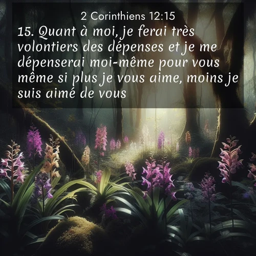 Segond21 2 Corinthiens  ; image nature: image avec le verset biblique :Quant à moi, je ferai très volontiers des dépenses et je me dépenserai moi-même pour vous même si plus je vous aime, moins je suis aimé de vous. ;  ; 12:15