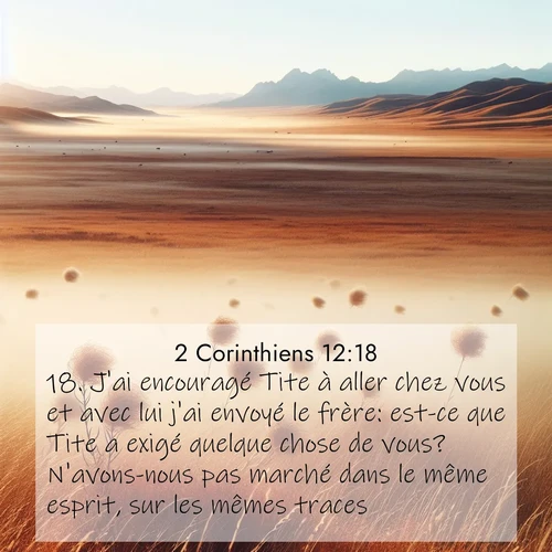 Segond21 2 Corinthiens  ; image nature: image avec le verset biblique :J&#039;ai encouragé Tite à aller chez vous et avec lui j&#039;ai envoyé le frère: est-ce que Tite a exigé quelque chose de vous? N&#039;avons-nous pas marché dans le même esprit, sur les mêmes traces? ;  ; 12:18