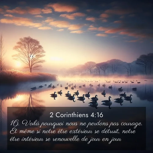 Segond21 2 Corinthiens  ; image nature: image avec le verset biblique :Voilà pourquoi nous ne perdons pas courage. Et même si notre être extérieur se détruit, notre être intérieur se renouvelle de jour en jour. ;  ; 4:16