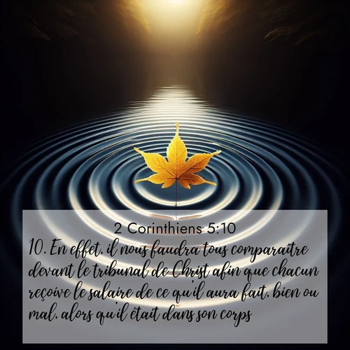 Segond21 2 Corinthiens  ; image nature: image avec le verset biblique :En effet, il nous faudra tous comparaître devant le tribunal de Christ afin que chacun reçoive le salaire de ce qu&#039;il aura fait, bien ou mal, alors qu&#039;il était dans son corps. ;  ; 5:10