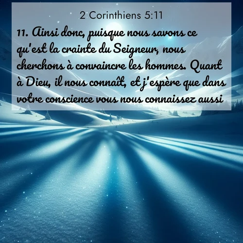 Segond21 2 Corinthiens  ; image nature: image avec le verset biblique :Ainsi donc, puisque nous savons ce qu&#039;est la crainte du Seigneur, nous cherchons à convaincre les hommes. Quant à Dieu, il nous connaît, et j&#039;espère que dans votre conscience vous nous connaissez aussi. ;  ; 5:11