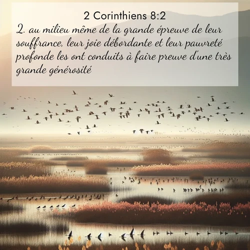 Segond21 2 Corinthiens  ; image nature: image avec le verset biblique :au milieu même de la grande épreuve de leur souffrance, leur joie débordante et leur pauvreté profonde les ont conduits à faire preuve d&#039;une très grande générosité. ;  ; 8:2