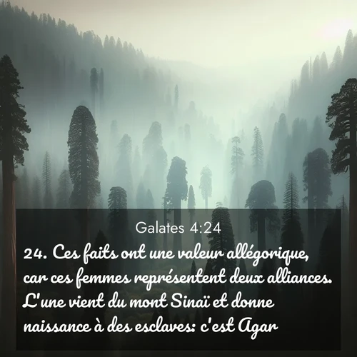 Segond21 Galates  ; image nature: image avec le verset biblique :Ces faits ont une valeur allégorique, car ces femmes représentent deux alliances. L&#039;une vient du mont Sinaï et donne naissance à des esclaves: c&#039;est Agar. ;  ; 4:24