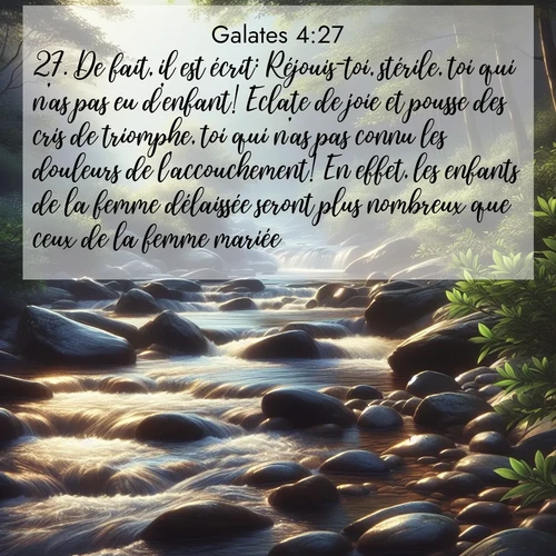 Segond21 Galates  ; image nature: image avec le verset biblique :De fait, il est écrit: Réjouis-toi, stérile, toi qui n&#039;as pas eu d&#039;enfant! Eclate de joie et pousse des cris de triomphe, toi qui n&#039;as pas connu les douleurs de l&#039;accouchement! En effet, les enfants de la femme délaissée seront plus nombreux que ceux de la femme mariée. ;  ; 4:27