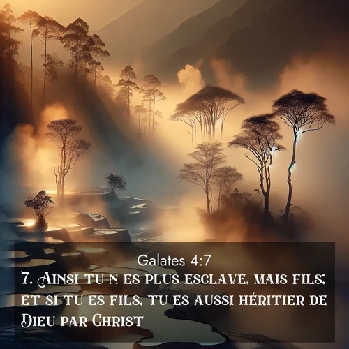 Segond21 Galates  ; image nature: image avec le verset biblique :Ainsi tu n&#039;es plus esclave, mais fils; et si tu es fils, tu es aussi héritier de Dieu par Christ. ;  ; 4:7