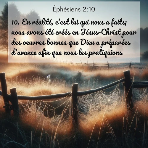 Segond21 Éphésiens  ; image nature: image avec le verset biblique :En réalité, c&#039;est lui qui nous a faits; nous avons été créés en Jésus-Christ pour des oeuvres bonnes que Dieu a préparées d&#039;avance afin que nous les pratiquions. ;  ; 2:10