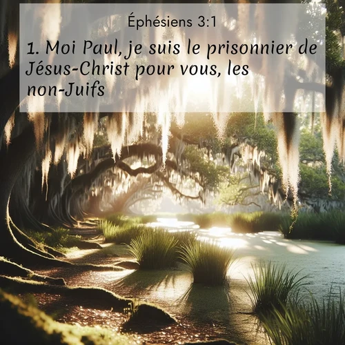 Segond21 Éphésiens  ; image nature: image avec le verset biblique :Moi Paul, je suis le prisonnier de Jésus-Christ pour vous, les non-Juifs, ;  ; 3:1
