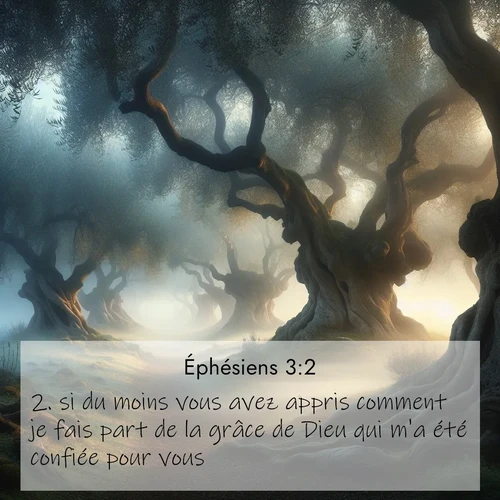 Segond21 Éphésiens  ; image nature: image avec le verset biblique :si du moins vous avez appris comment je fais part de la grâce de Dieu qui m&#039;a été confiée pour vous. ;  ; 3:2