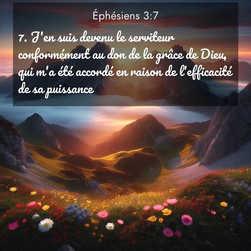 Segond21 Éphésiens  ; image nature: image avec le verset biblique :J&#039;en suis devenu le serviteur conformément au don de la grâce de Dieu, qui m&#039;a été accordé en raison de l&#039;efficacité de sa puissance. ;  ; 3:7