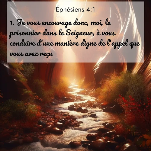Segond21 Éphésiens  ; image nature: image avec le verset biblique :Je vous encourage donc, moi, le prisonnier dans le Seigneur, à vous conduire d&#039;une manière digne de l&#039;appel que vous avez reçu. ;  ; 4:1