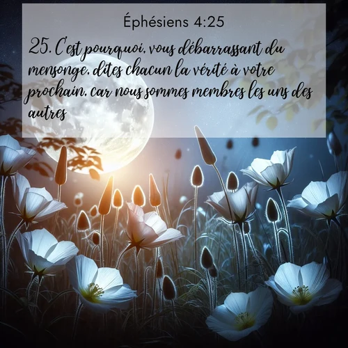 Segond21 Éphésiens  ; image nature: image avec le verset biblique :C&#039;est pourquoi, vous débarrassant du mensonge, dites chacun la vérité à votre prochain, car nous sommes membres les uns des autres. ;  ; 4:25