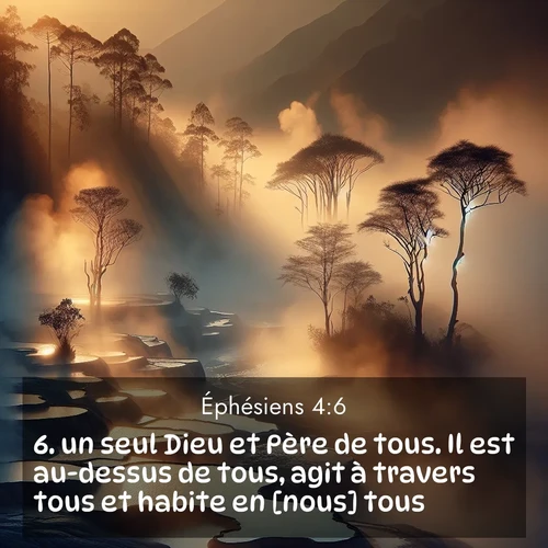 Segond21 Éphésiens  ; image nature: image avec le verset biblique :un seul Dieu et Père de tous. Il est au-dessus de tous, agit à travers tous et habite en [nous] tous. ;  ; 4:6