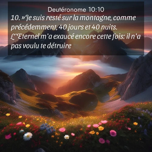 Segond21 Deutéronome  ; image nature: image avec le verset biblique :»Je suis resté sur la montagne, comme précédemment, 40 jours et 40 nuits. L&#039;Eternel m&#039;a exaucé encore cette fois: il n&#039;a pas voulu te détruire. ;  ; 10:10