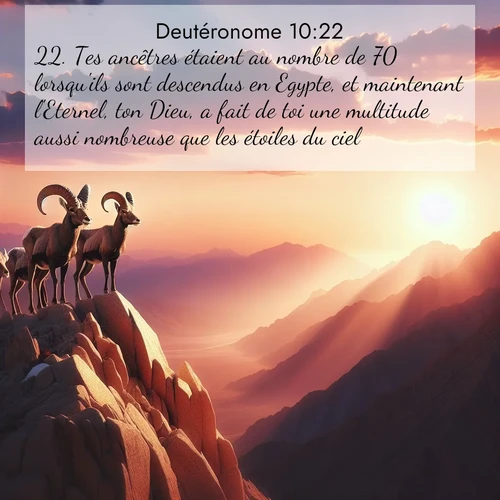 Segond21 Deutéronome  ; image nature: image avec le verset biblique :Tes ancêtres étaient au nombre de 70 lorsqu&#039;ils sont descendus en Egypte, et maintenant l&#039;Eternel, ton Dieu, a fait de toi une multitude aussi nombreuse que les étoiles du ciel. ;  ; 10:22