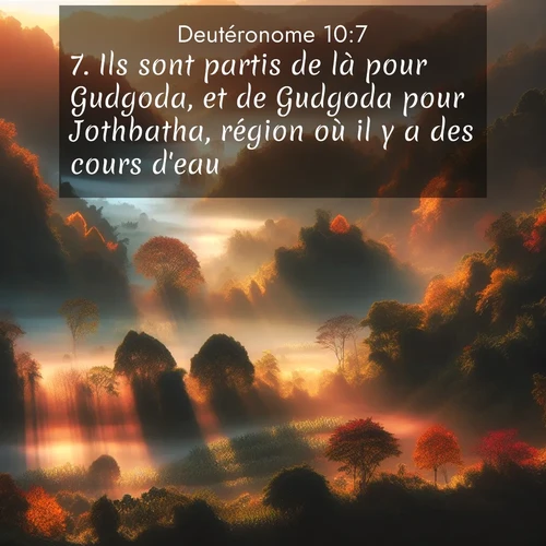 Segond21 Deutéronome  ; image nature: image avec le verset biblique :Ils sont partis de là pour Gudgoda, et de Gudgoda pour Jothbatha, région où il y a des cours d&#039;eau. ;  ; 10:7