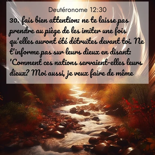 Segond21 Deutéronome  ; image nature: image avec le verset biblique :fais bien attention: ne te laisse pas prendre au piège de les imiter une fois qu&#039;elles auront été détruites devant toi. Ne t&#039;informe pas sur leurs dieux en disant: &#039;Comment ces nations servaient-elles leurs dieux? Moi aussi, je veux faire de même.&#039; ;  ; 12:30