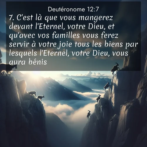 Segond21 Deutéronome  ; image nature: image avec le verset biblique :C&#039;est là que vous mangerez devant l&#039;Eternel, votre Dieu, et qu&#039;avec vos familles vous ferez servir à votre joie tous les biens par lesquels l&#039;Eternel, votre Dieu, vous aura bénis. ;  ; 12:7