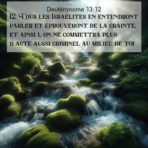 Segond21 Deutéronome  ; image nature: image avec le verset biblique :Tous les Israélites en entendront parler et éprouveront de la crainte, et ainsi l&#039;on ne commettra plus d&#039;acte aussi criminel au milieu de toi. ;  ; 13:12
