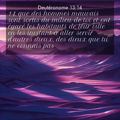 Segond21 Deutéronome  ; image nature: image avec le verset biblique :que des hommes mauvais sont sortis du milieu de toi et ont égaré les habitants de leur ville en les invitant à aller servir d&#039;autres dieux, des dieux que tu ne connais pas, ;  ; 13:14