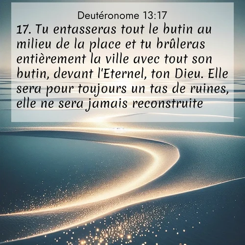 Segond21 Deutéronome  ; image nature: image avec le verset biblique :Tu entasseras tout le butin au milieu de la place et tu brûleras entièrement la ville avec tout son butin, devant l&#039;Eternel, ton Dieu. Elle sera pour toujours un tas de ruines, elle ne sera jamais reconstruite. ;  ; 13:17