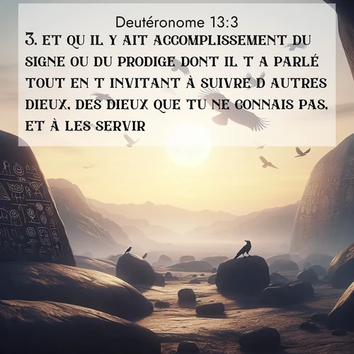 Segond21 Deutéronome  ; image nature: image avec le verset biblique :et qu&#039;il y ait accomplissement du signe ou du prodige dont il t&#039;a parlé tout en t&#039;invitant à suivre d&#039;autres dieux, des dieux que tu ne connais pas, et à les servir, ;  ; 13:3