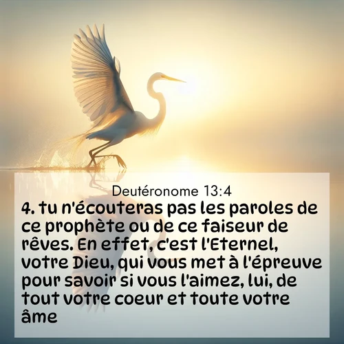 Segond21 Deutéronome  ; image nature: image avec le verset biblique :tu n&#039;écouteras pas les paroles de ce prophète ou de ce faiseur de rêves. En effet, c&#039;est l&#039;Eternel, votre Dieu, qui vous met à l&#039;épreuve pour savoir si vous l&#039;aimez, lui, de tout votre coeur et toute votre âme. ;  ; 13:4