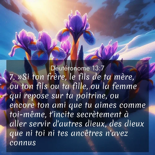 Segond21 Deutéronome  ; image nature: image avec le verset biblique :»Si ton frère, le fils de ta mère, ou ton fils ou ta fille, ou la femme qui repose sur ta poitrine, ou encore ton ami que tu aimes comme toi-même, t&#039;incite secrètement à aller servir d&#039;autres dieux, des dieux que ni toi ni tes ancêtres n&#039;avez connus, ;  ; 13:7