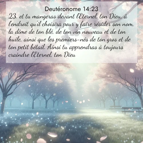 Segond21 Deutéronome  ; image nature: image avec le verset biblique :et tu mangeras devant l&#039;Eternel, ton Dieu, à l&#039;endroit qu&#039;il choisira pour y faire résider son nom, la dîme de ton blé, de ton vin nouveau et de ton huile, ainsi que les premiers-nés de ton gros et de ton petit bétail. Ainsi tu apprendras à toujours craindre l&#039;Eternel, ton Dieu. ;  ; 14:23