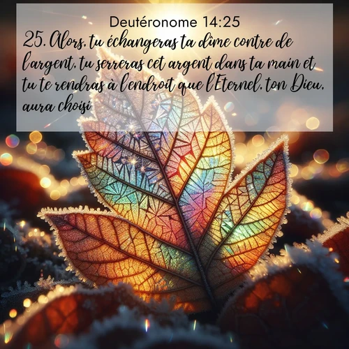 Segond21 Deutéronome  ; image nature: image avec le verset biblique :Alors, tu échangeras ta dîme contre de l&#039;argent, tu serreras cet argent dans ta main et tu te rendras à l&#039;endroit que l&#039;Eternel, ton Dieu, aura choisi. ;  ; 14:25