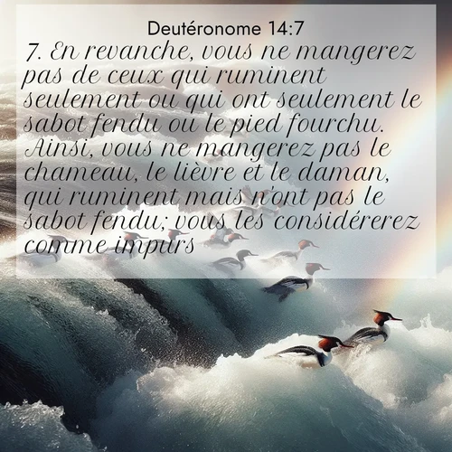 Segond21 Deutéronome  ; image nature: image avec le verset biblique :En revanche, vous ne mangerez pas de ceux qui ruminent seulement ou qui ont seulement le sabot fendu ou le pied fourchu. Ainsi, vous ne mangerez pas le chameau, le lièvre et le daman, qui ruminent mais n&#039;ont pas le sabot fendu; vous les considérerez comme impurs. ;  ; 14:7