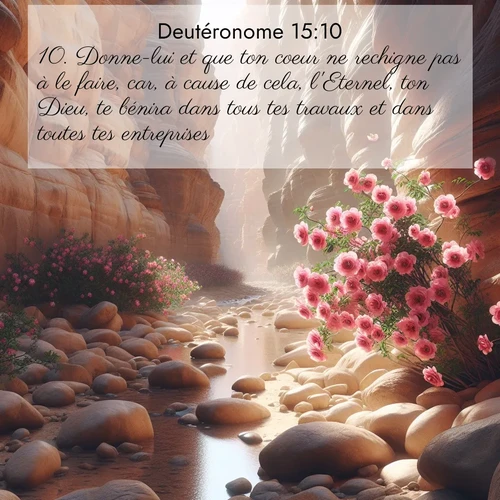 Segond21 Deutéronome  ; image nature: image avec le verset biblique :Donne-lui et que ton coeur ne rechigne pas à le faire, car, à cause de cela, l&#039;Eternel, ton Dieu, te bénira dans tous tes travaux et dans toutes tes entreprises. ;  ; 15:10