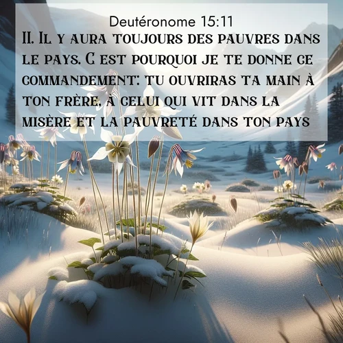 Segond21 Deutéronome  ; image nature: image avec le verset biblique :Il y aura toujours des pauvres dans le pays. C&#039;est pourquoi je te donne ce commandement: tu ouvriras ta main à ton frère, à celui qui vit dans la misère et la pauvreté dans ton pays. ;  ; 15:11