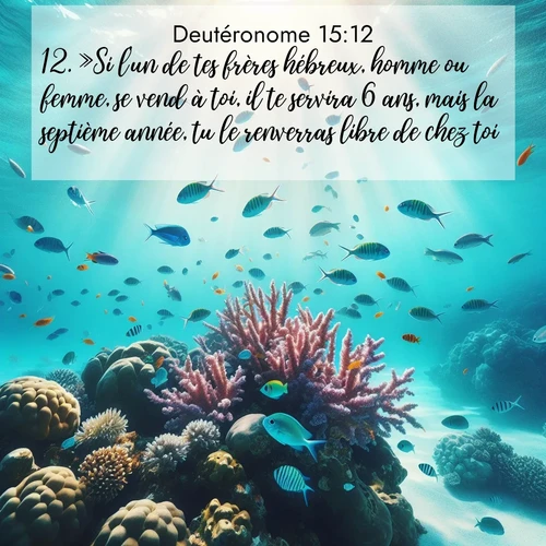 Segond21 Deutéronome  ; image nature: image avec le verset biblique :»Si l&#039;un de tes frères hébreux, homme ou femme, se vend à toi, il te servira 6 ans, mais la septième année, tu le renverras libre de chez toi. ;  ; 15:12
