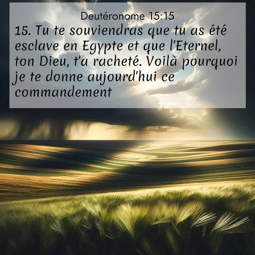 Segond21 Deutéronome  ; image nature: image avec le verset biblique :Tu te souviendras que tu as été esclave en Egypte et que l&#039;Eternel, ton Dieu, t&#039;a racheté. Voilà pourquoi je te donne aujourd&#039;hui ce commandement. ;  ; 15:15