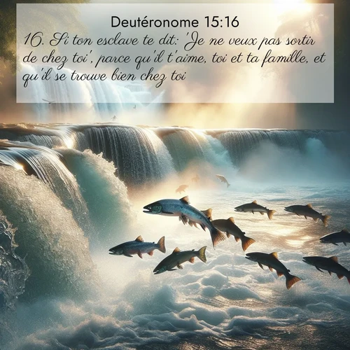 Segond21 Deutéronome  ; image nature: image avec le verset biblique :Si ton esclave te dit: &#039;Je ne veux pas sortir de chez toi&#039;, parce qu&#039;il t&#039;aime, toi et ta famille, et qu&#039;il se trouve bien chez toi, ;  ; 15:16