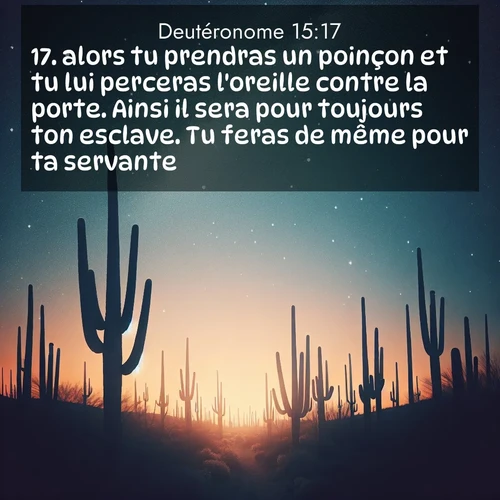 Segond21 Deutéronome  ; image nature: image avec le verset biblique :alors tu prendras un poinçon et tu lui perceras l&#039;oreille contre la porte. Ainsi il sera pour toujours ton esclave. Tu feras de même pour ta servante. ;  ; 15:17