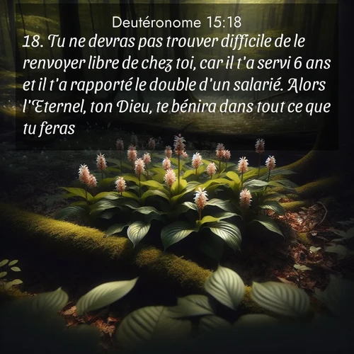 Segond21 Deutéronome  ; image nature: image avec le verset biblique :Tu ne devras pas trouver difficile de le renvoyer libre de chez toi, car il t&#039;a servi 6 ans et il t&#039;a rapporté le double d&#039;un salarié. Alors l&#039;Eternel, ton Dieu, te bénira dans tout ce que tu feras. ;  ; 15:18