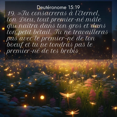 Segond21 Deutéronome  ; image nature: image avec le verset biblique :»Tu consacreras à l&#039;Eternel, ton Dieu, tout premier-né mâle qui naîtra dans ton gros et dans ton petit bétail. Tu ne travailleras pas avec le premier-né de ton boeuf et tu ne tondras pas le premier-né de tes brebis. ;  ; 15:19