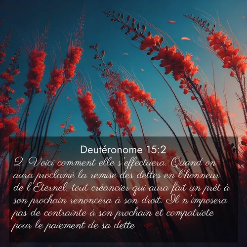 Segond21 Deutéronome  ; image nature: image avec le verset biblique :Voici comment elle s&#039;effectuera. Quand on aura proclamé la remise des dettes en l&#039;honneur de l&#039;Eternel, tout créancier qui aura fait un prêt à son prochain renoncera à son droit. Il n&#039;imposera pas de contrainte à son prochain et compatriote pour le paiement de sa dette. ;  ; 15:2