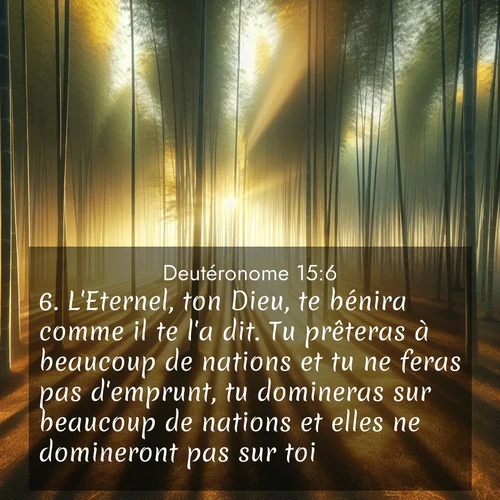Segond21 Deutéronome  ; image nature: image avec le verset biblique :L&#039;Eternel, ton Dieu, te bénira comme il te l&#039;a dit. Tu prêteras à beaucoup de nations et tu ne feras pas d&#039;emprunt, tu domineras sur beaucoup de nations et elles ne domineront pas sur toi. ;  ; 15:6