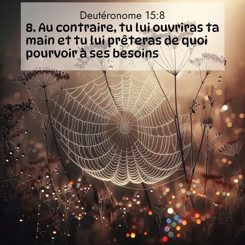 Segond21 Deutéronome  ; image nature: image avec le verset biblique :Au contraire, tu lui ouvriras ta main et tu lui prêteras de quoi pourvoir à ses besoins. ;  ; 15:8