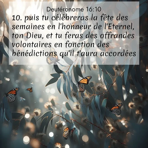 Segond21 Deutéronome  ; image nature: image avec le verset biblique :puis tu célébreras la fête des semaines en l&#039;honneur de l&#039;Eternel, ton Dieu, et tu feras des offrandes volontaires en fonction des bénédictions qu&#039;il t&#039;aura accordées. ;  ; 16:10